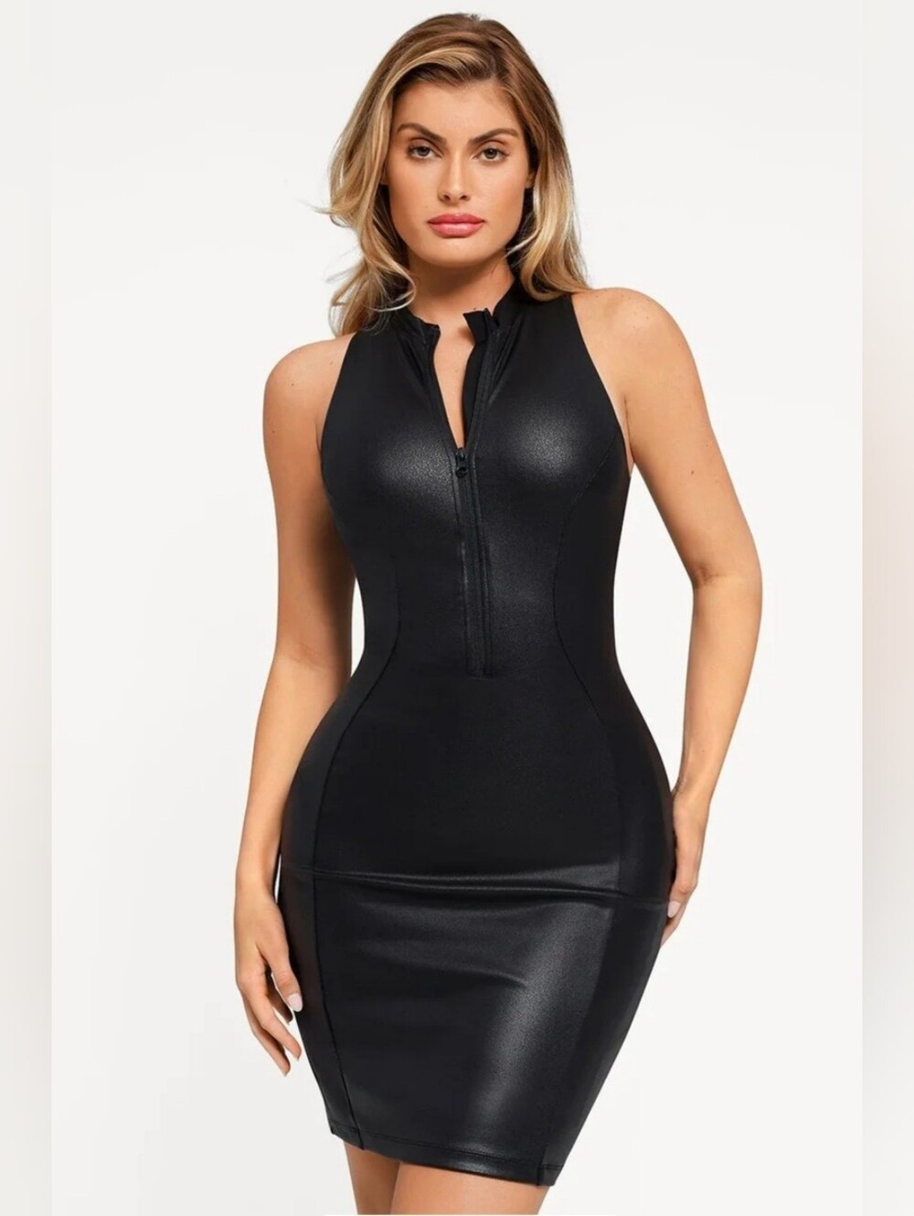 Popilush Built-In Shapewear Leather Mock Neck Small Midi Dress NWT